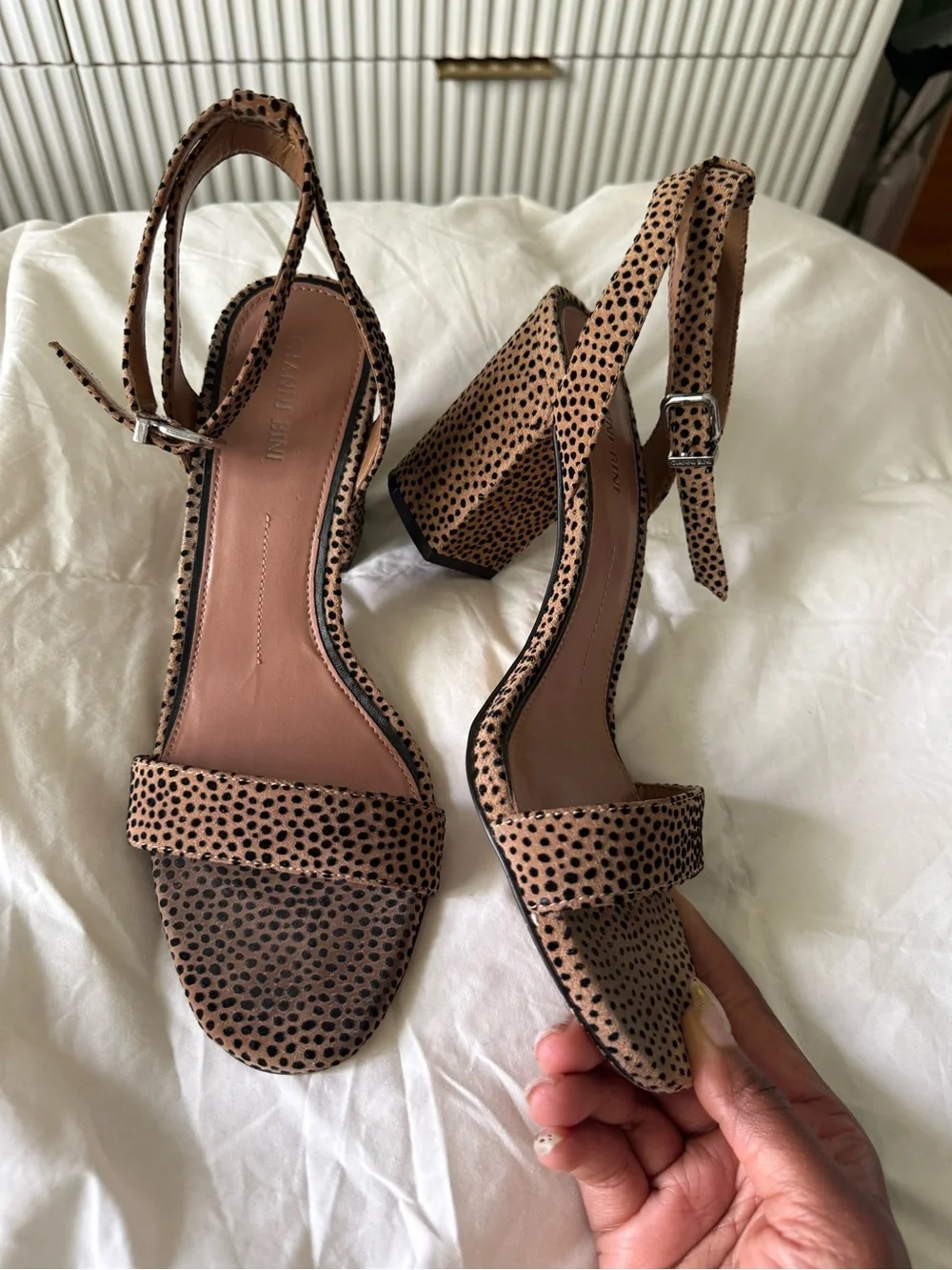 Gianni Bini Arleena cheetah print block heel sandals in tan/black